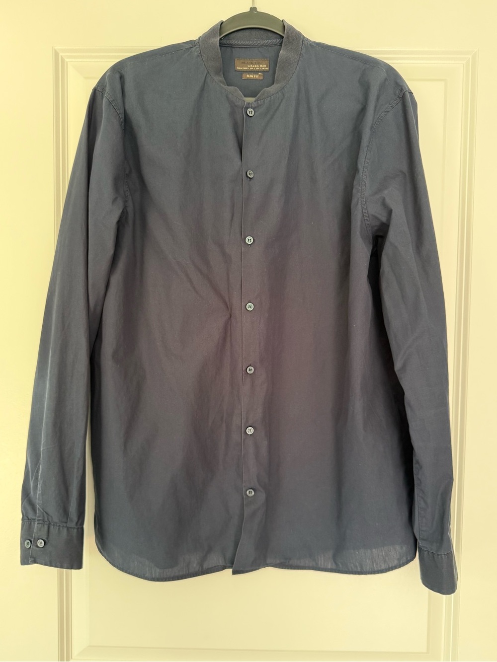 Zara Men's Navy Collarless Button-Front Shirt Jacket